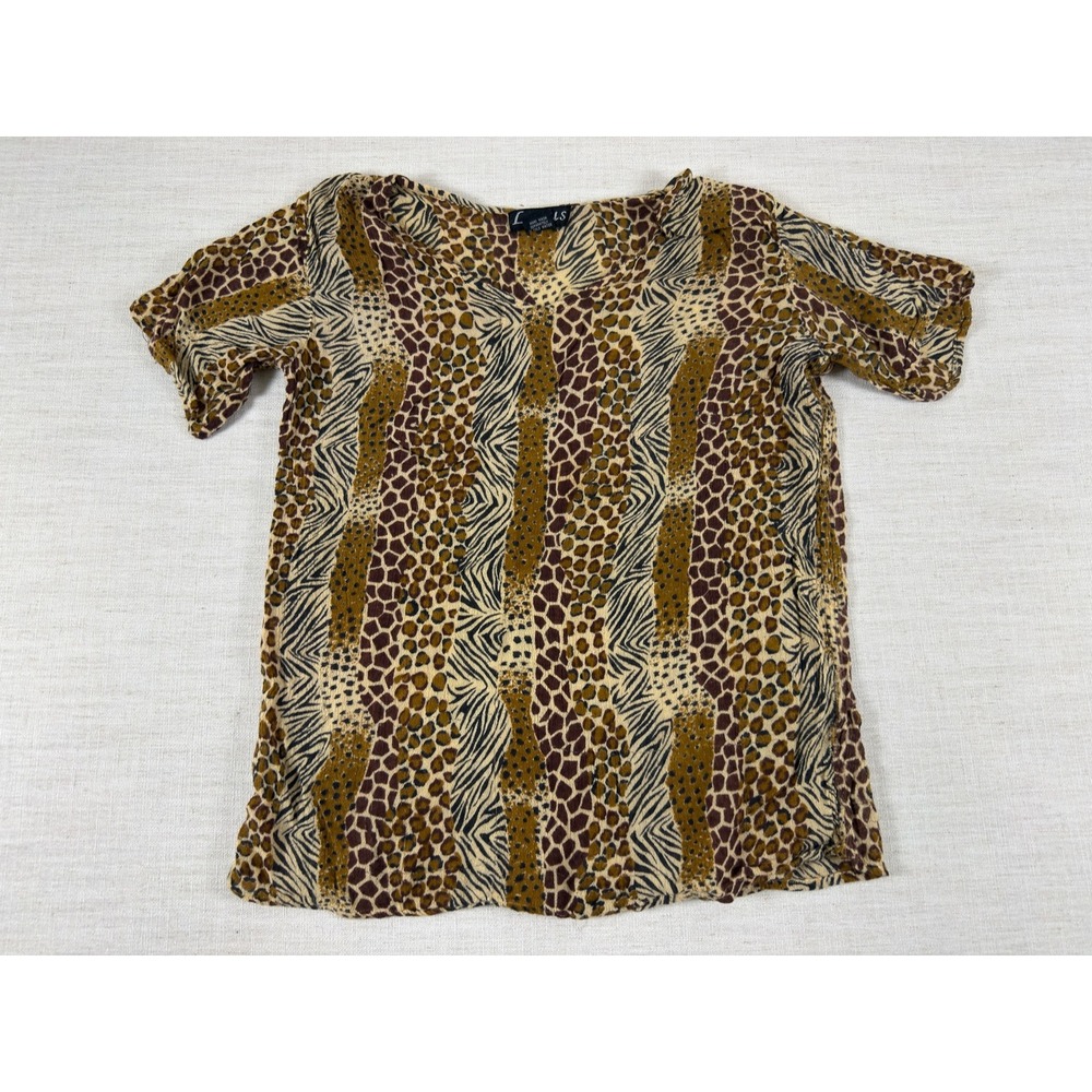 Lotus Women 1X Mixed Animal Print V-Neck Blouse Zebra Leopard Giraffe Rayon